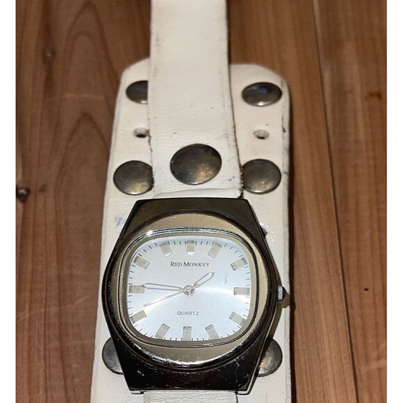 Rare Custom Red Monkey SLAYER Distressed Watch, Wide WHITE STUDDEDLeather Band - Picture 1 of 11